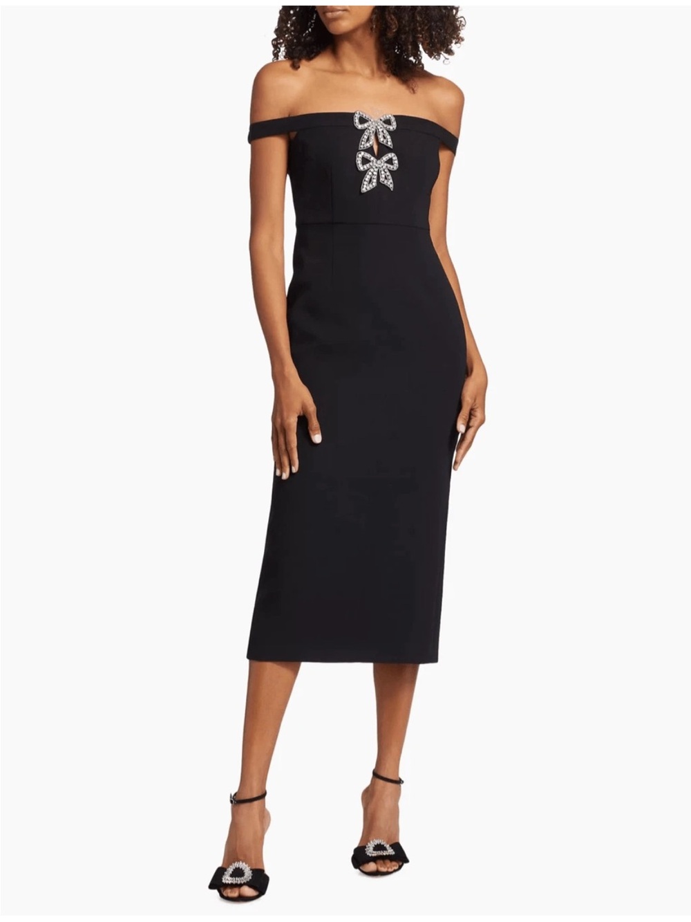 Self-Portrait Diamante Bow Crepe Off-the-Shoulder Midi Dress Women 2 Black - Picture 2 of 10